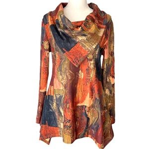 Dor Dor Couture abstract art to wear draped bandana neckline Sharkbite Hem Tunic